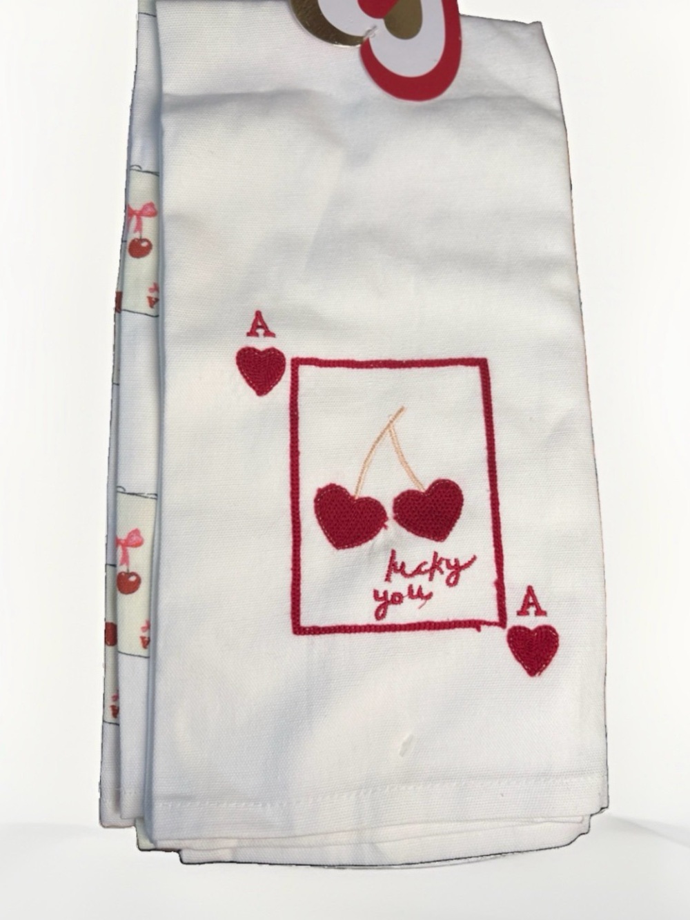 2pc Cotton Tea Towel Set, White/Red Cherry Ace Poker Playing Cards Embroidered